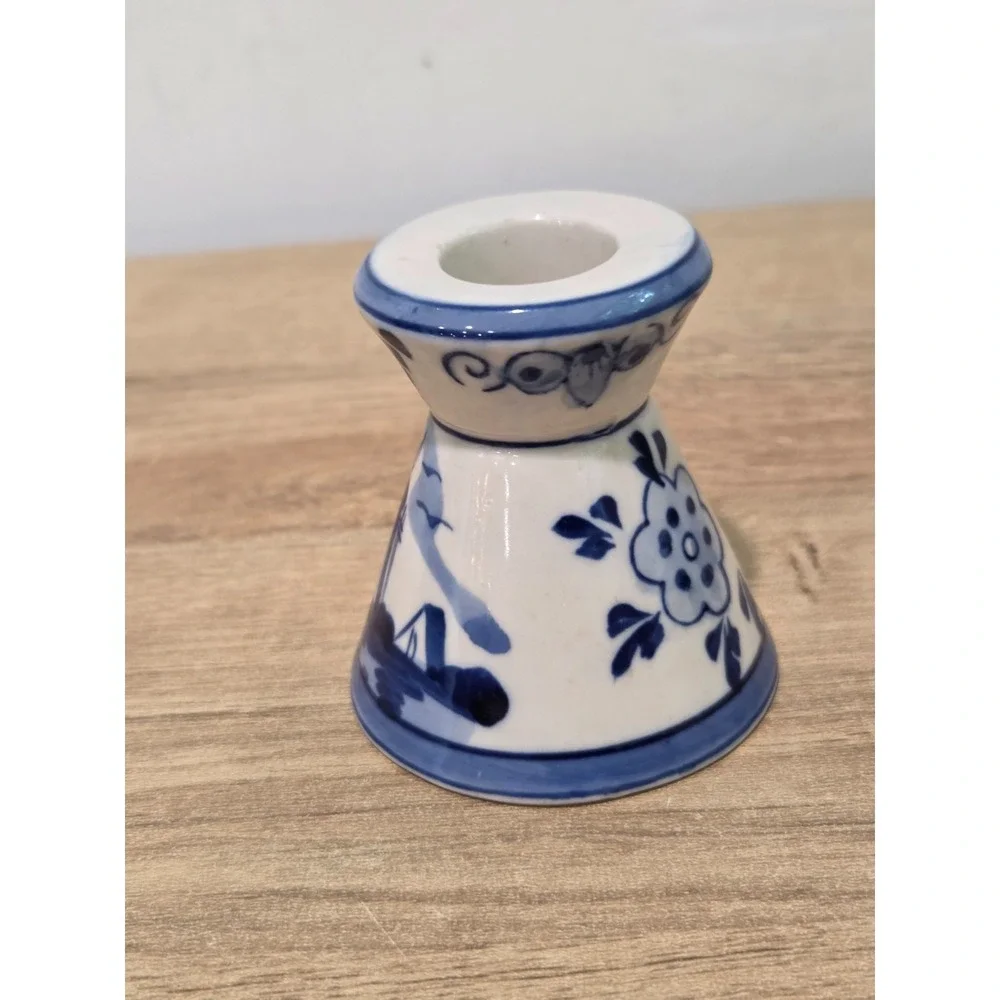 Vintage Delft Blue Holland Windmill Hand Painted Ceramic Taper Candle Holder 3''